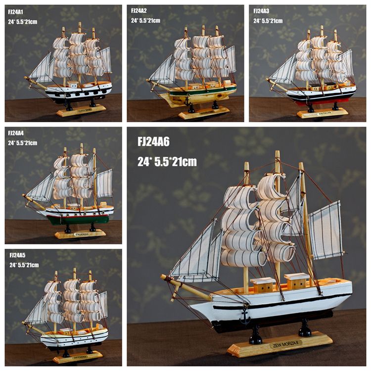 Special price 24CM sailing model Mediterranean ornaments home wood hand-carved European multi-sail FJ24 thumbnail