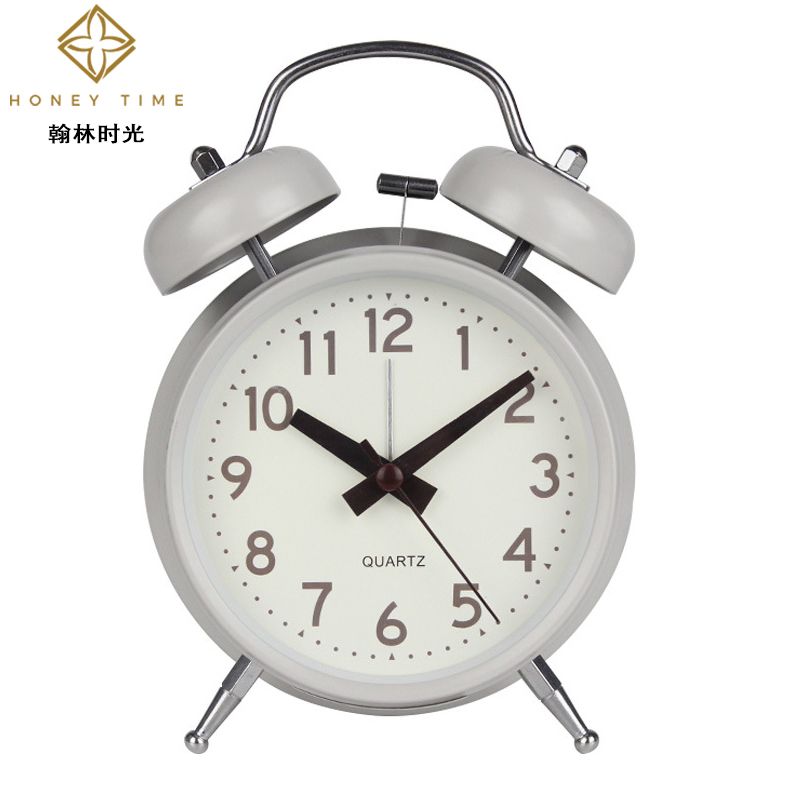 创意4寸圆形简约风个性装饰闹钟 床头带夜灯静音扫描金属打铃钟