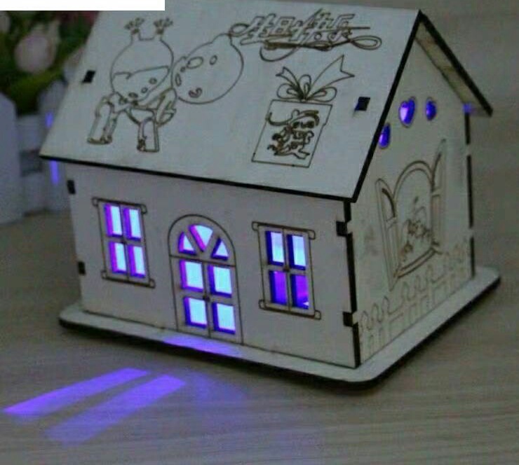 Wooden Cartoon House With Lights Modeling Craft Decoration 1 details Picture