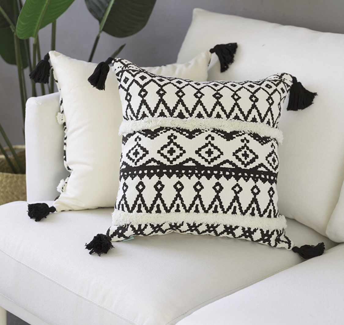 Black and white screen printed pillow cover without core Nordic tufted tassel pillow cover office living room seat cushion cover thumbnail