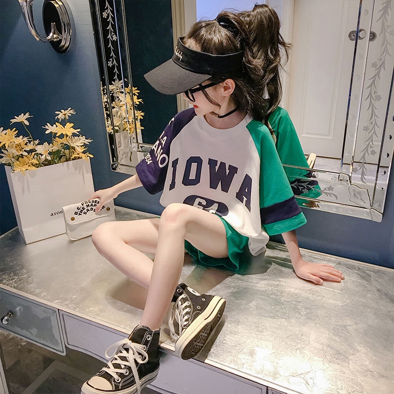 【100% Pure Cotton 】 Girls' short-sleeved suit 2020 New Summer Outfit for Big Kids Girls, Stylish and sporty two-piece set