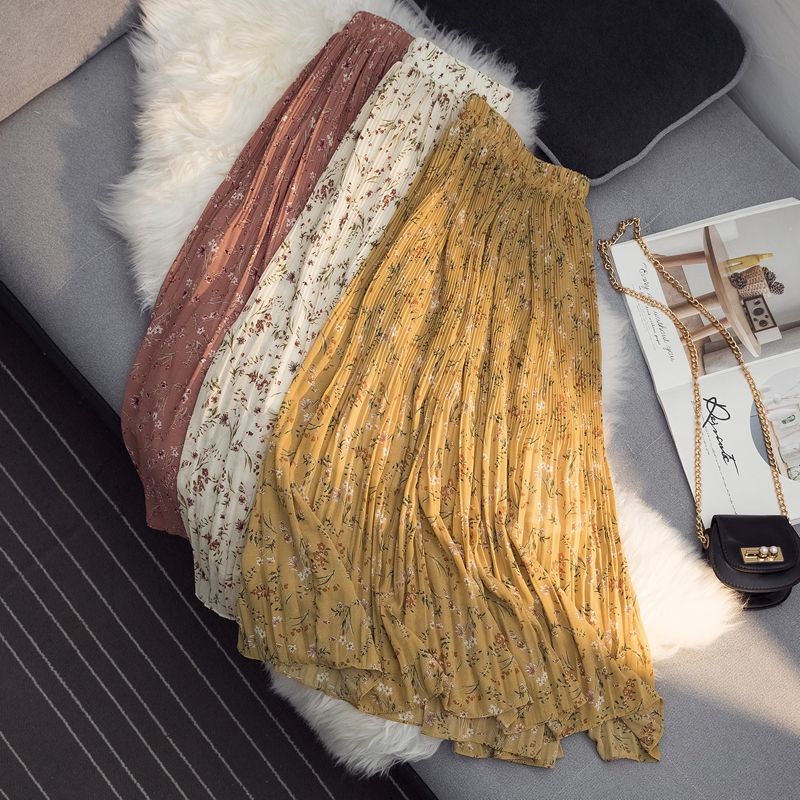 Floral print skirt for women 2020 summer, thin chiffon A-line skirt, high-waisted mid-length skirt with pleats and large swing details Picture