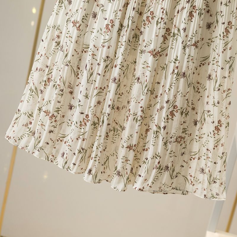 Floral print skirt for women 2020 summer, thin chiffon A-line skirt, high-waisted mid-length skirt with pleats and large swing detail image 19