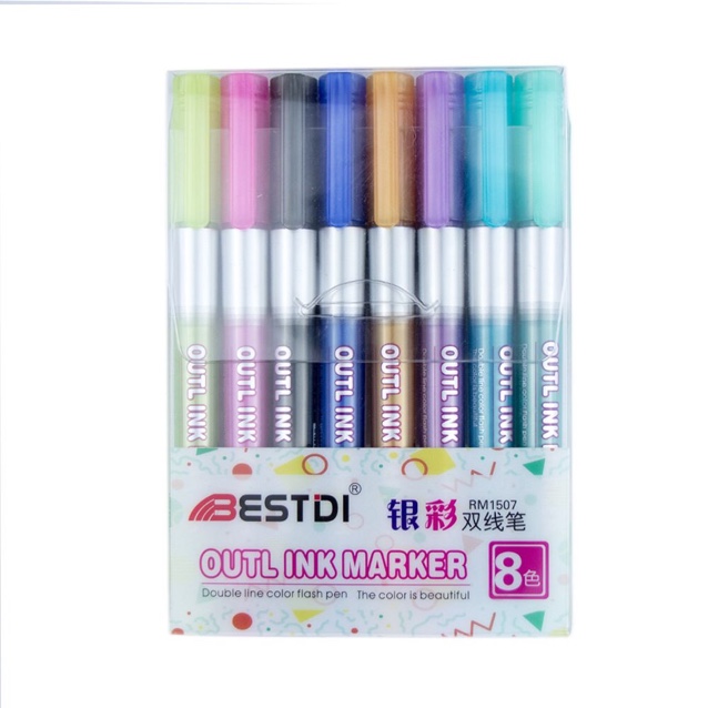 Punctuation BestDl creative double line pencil Outline pen colored hand frame doodle 8 color set marker pen Item Picture