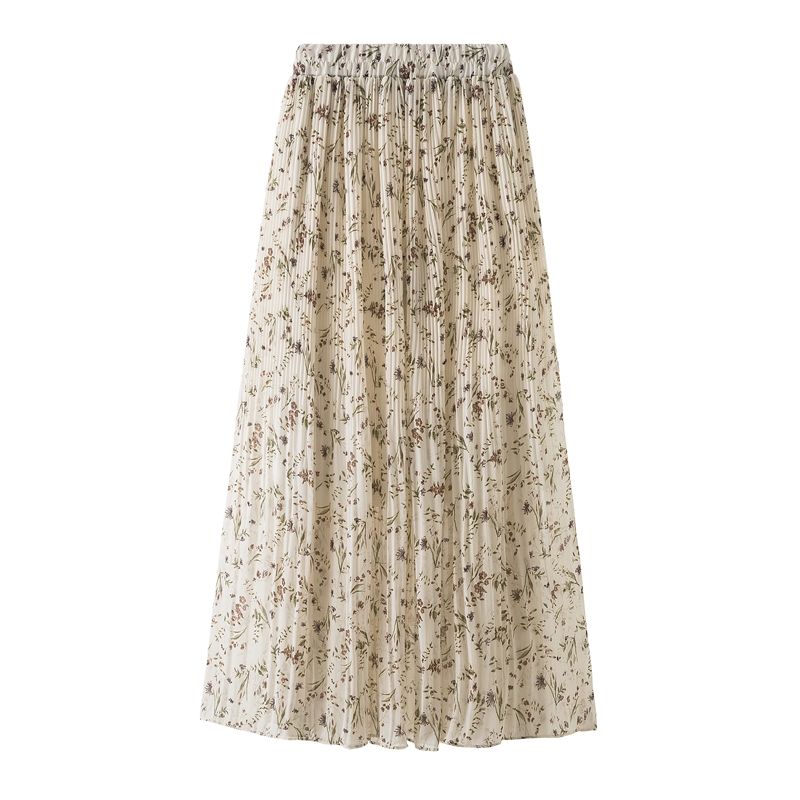 Floral print skirt for women 2020 summer, thin chiffon A-line skirt, high-waisted mid-length skirt with pleats and large swing Item Picture