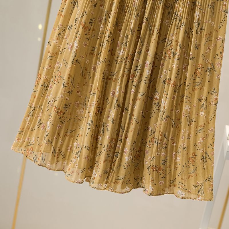 Floral print skirt for women 2020 summer, thin chiffon A-line skirt, high-waisted mid-length skirt with pleats and large swing detail image 11