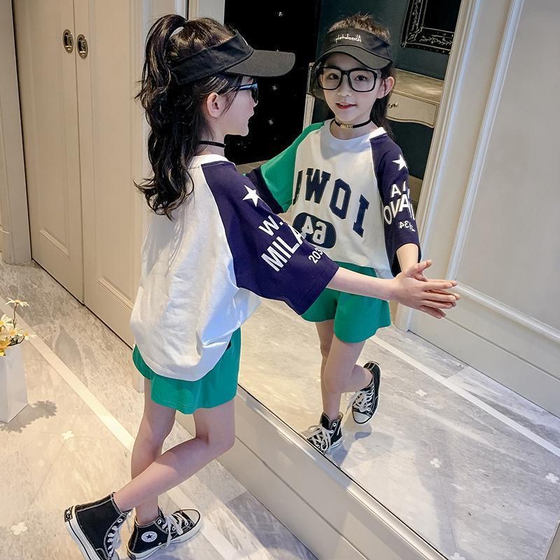 【100% Pure Cotton 】 Girls' short-sleeved suit 2020 New Summer Outfit for Big Kids Girls, Stylish and sporty two-piece set Specification image