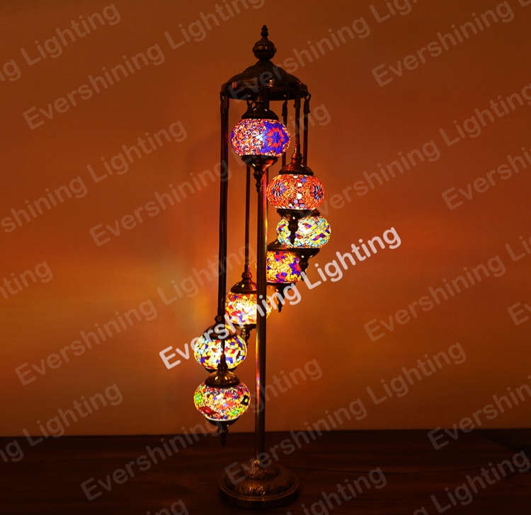 Seven Turkish Mosaic floor lamps and decorative lights