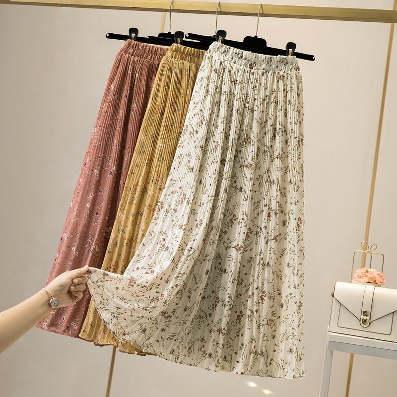 Floral print skirt for women 2020 summer, thin chiffon A-line skirt, high-waisted mid-length skirt with pleats and large swing detail image 8