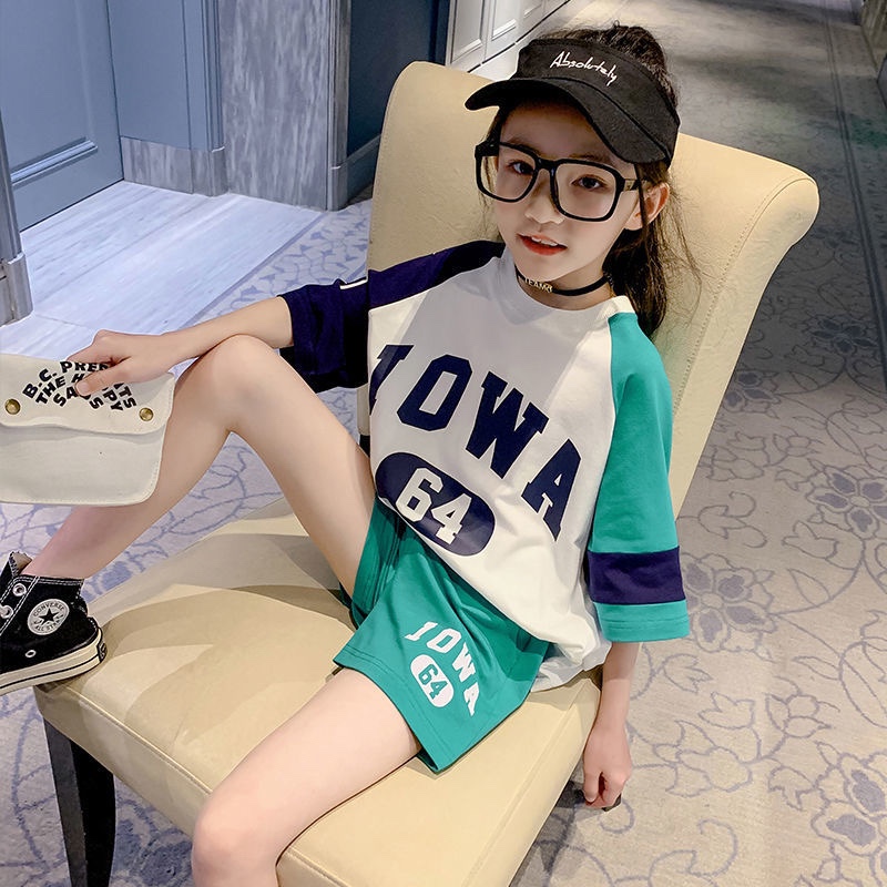 【100% Pure Cotton 】 Girls' short-sleeved suit 2020 New Summer Outfit for Big Kids Girls, Stylish and sporty two-piece set details Picture