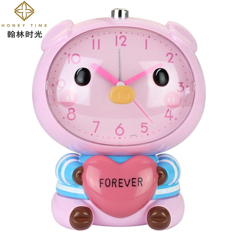 Creative cute cartoon love pig alarm clock mute sweep second double music snooze night light children students when clocks