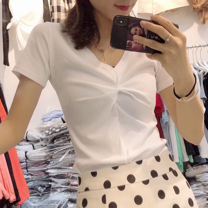The new 2020 design feels twisted pleated short sleeve V-neck T-shirt slim woman's body versatile all-purpose solid-color base blouse top thumbnail