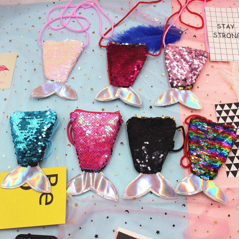 Sequin Mermaid Lanyard coin Purse Small purse Children's skew straddle small purse Fish Tail two-tone sequin coin purse woman