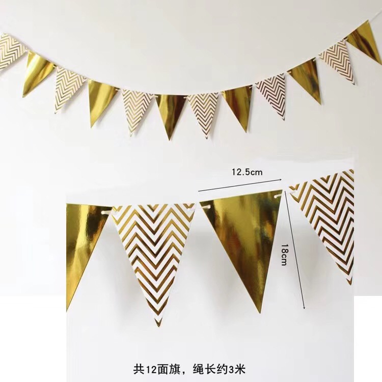 金色波浪纹拍照装饰生日快乐三角旗