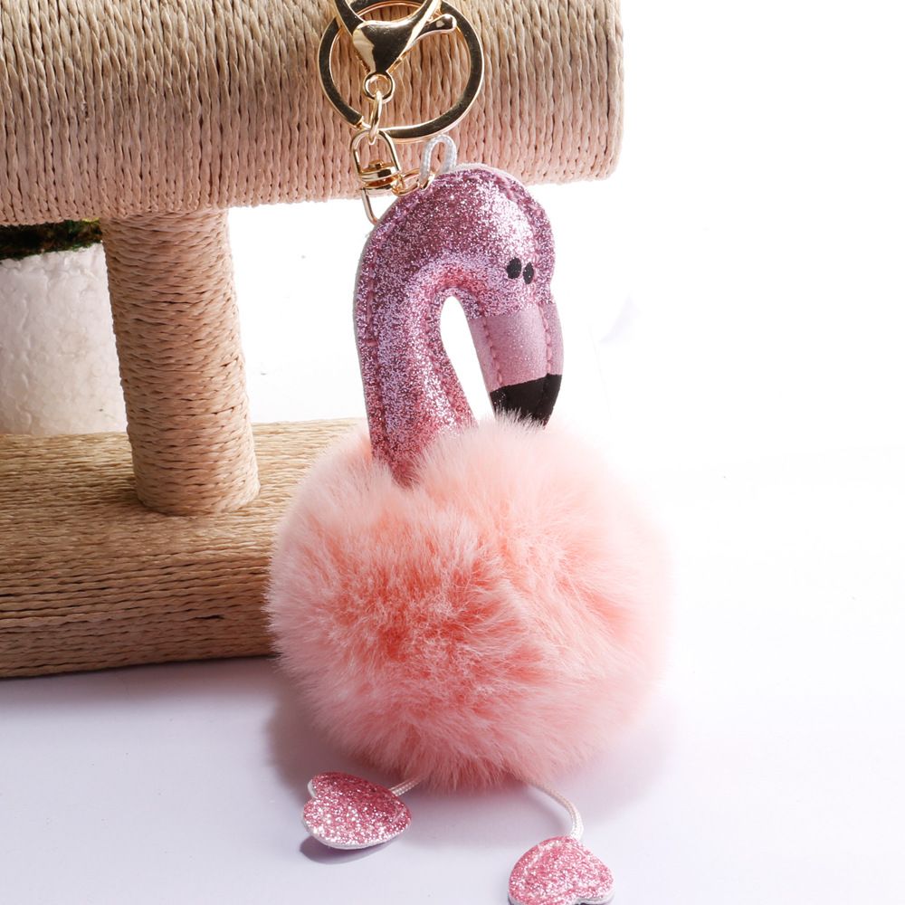 承接外贸订单亮粉火烈鸟毛球钥匙扣包包汽车手机挂件小饰品钥匙链详情6