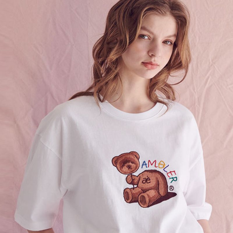 韩国潮牌AMBLER20年新款T恤印花刺绣圆领情侣纯棉短袖详情图1