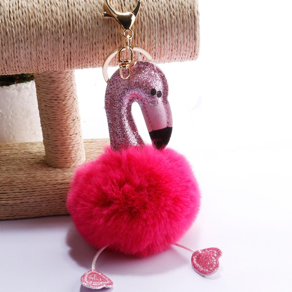 承接外贸订单亮粉火烈鸟毛球钥匙扣包包汽车手机挂件小饰品钥匙链详情7