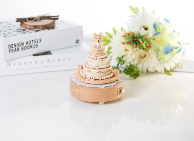 Cross birthday cake music box Bear children's birthday gift engraved music box wooden crafts 1513