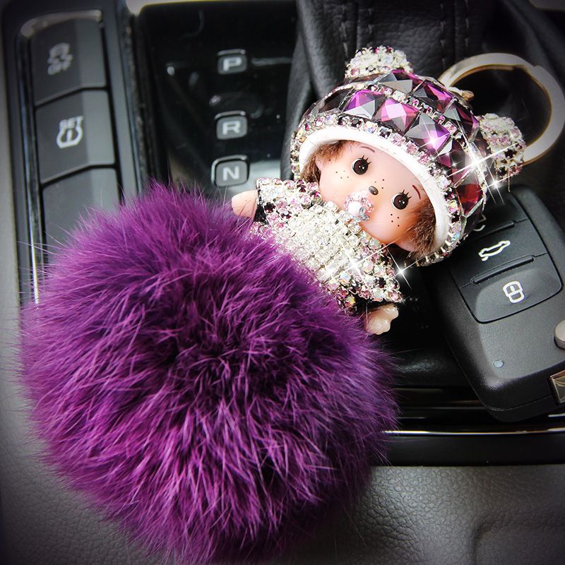 To Undertake Foreign Trade Orders Diamond-Set Monqiqi Keychain Cute Car Girl Bag Pendant Hairball Keychain Pendant full figure