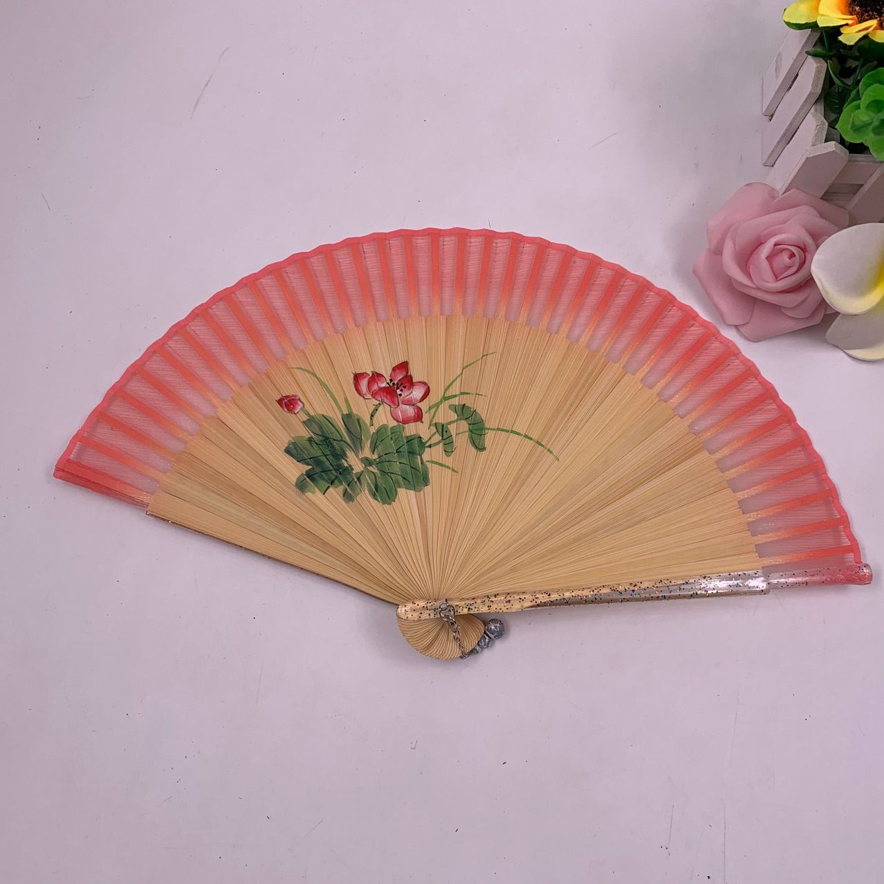 珍珠边平板竹制手绘扇   过渡色折叠扇子   日韩式女扇   中国风扇子详情图1