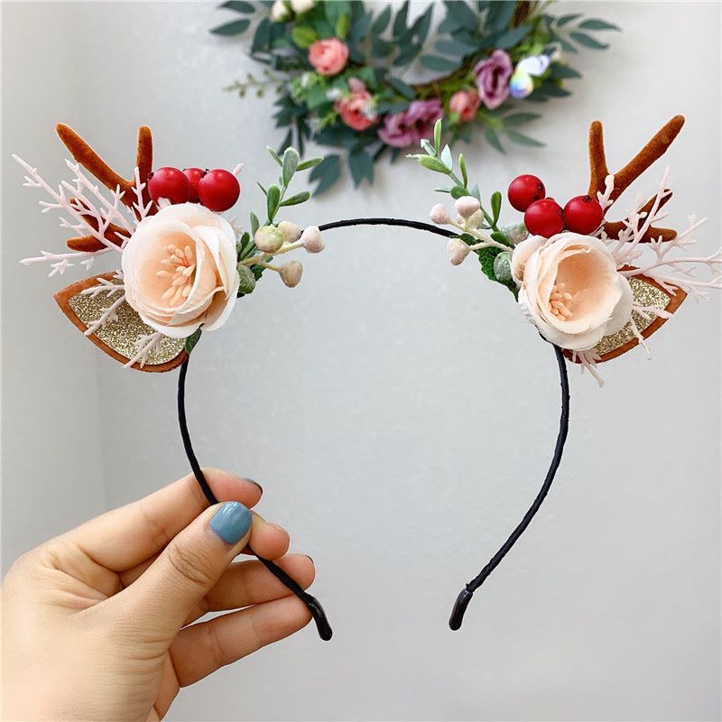 Forest-themed pink pine needle flower antler headband children's versatile travel accessories, cute and exclusive for kids Specification image