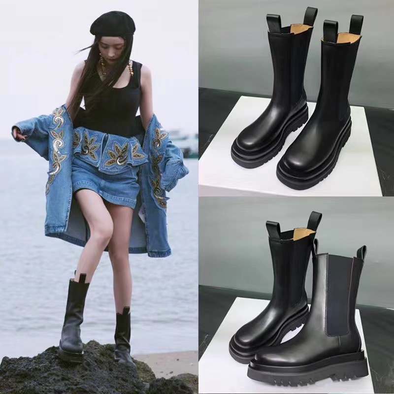 Real leather boots with elastic design and thick soles thumbnail