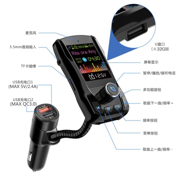 1.8寸TFT彩屏新款QC3.0快充车载mp3蓝牙播放器汽车炫彩氛围灯显示详情2