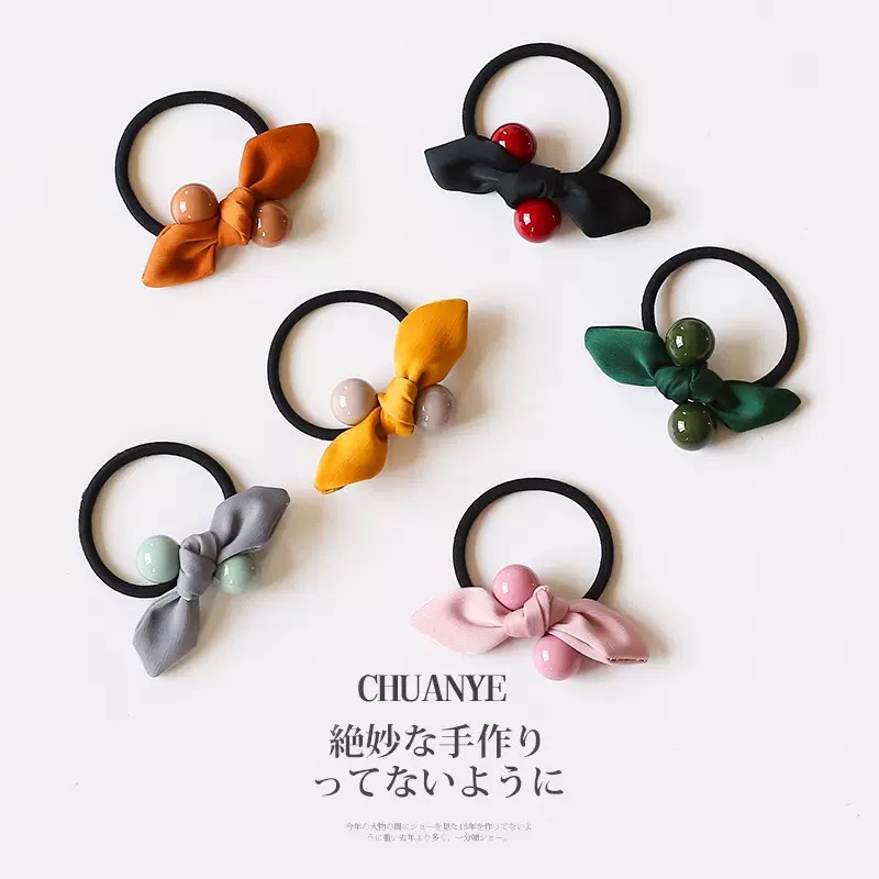 Zitong Jewelry Fabric Simple Design Ear Style With 2 Beads Hair Accessories Hair Rope Cute Girl Korean Version Sweet Temperament Simple Fresh Hair Hair Rope Leather Band Cartoon Pearl Hair Accessories Hair Rope