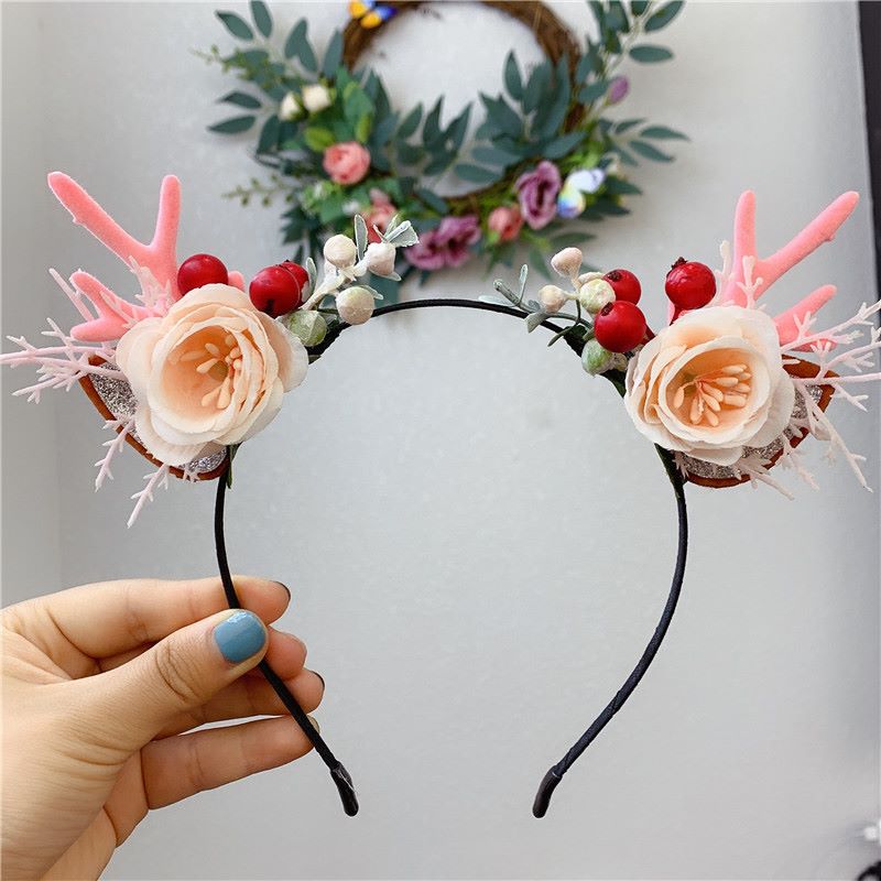 Forest-themed pink pine needle flower antler headband children's versatile travel accessories, cute and exclusive for kids details Picture