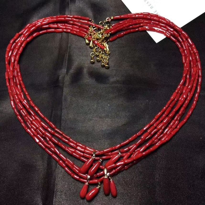 珊瑚桶珠项链款 高品质 搭配天然水滴吊坠 镶嵌18K扣 带证书