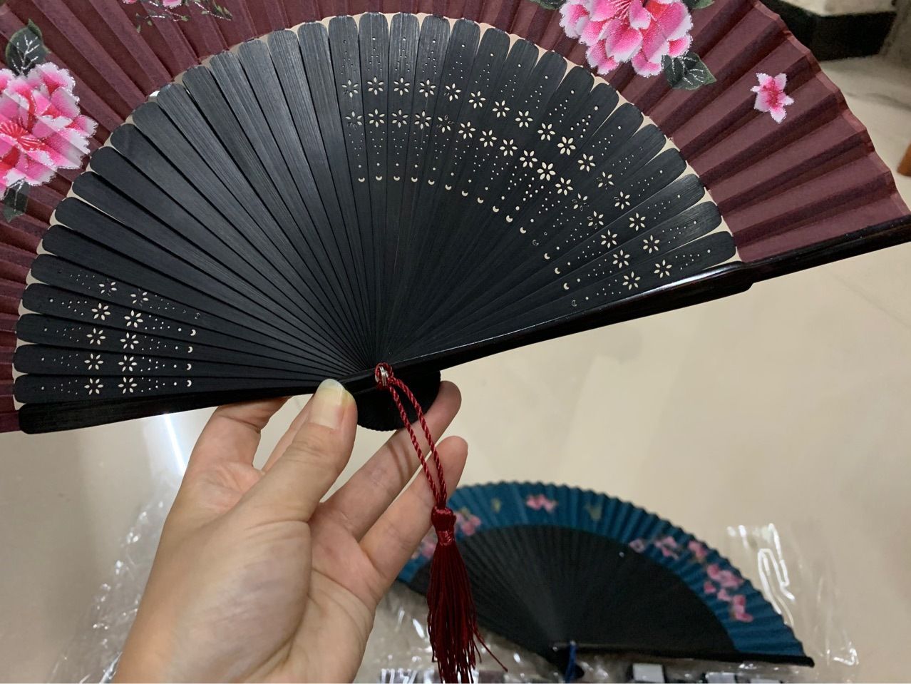 头青印花竹排扇    批发手工和风扇子   女式中国风折扇   古典汉服喷绘竹扇详情图7