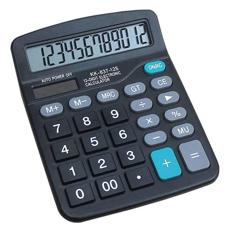 The KK-837-12S solar-powered calculator is a 12-digit display desktop office calculator