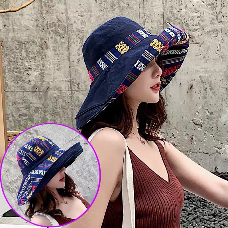 渔夫帽女夏季韩版遮阳帽防晒防紫外线遮脸大沿民族风可折叠太阳帽图