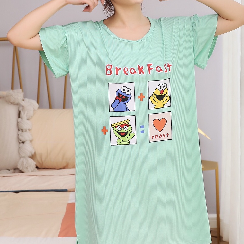 A new style of Korean short-sleeved, ice-silk, cute cartoon, pure cotton sleeping dress for women