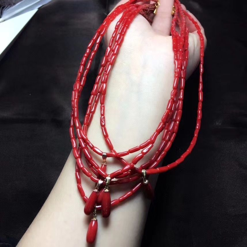 珊瑚桶珠项链款 高品质 搭配天然水滴吊坠 镶嵌18K扣 带证书细节图