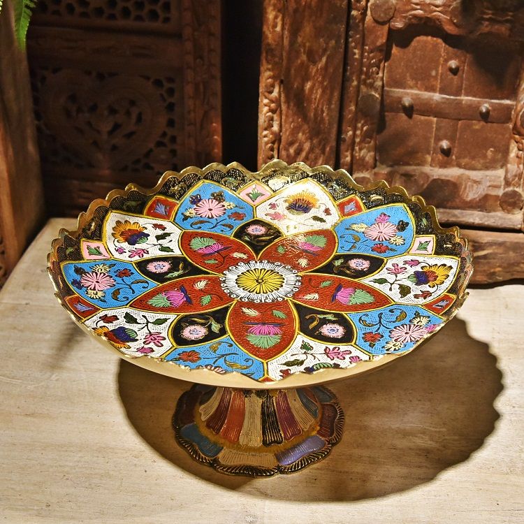 手绘高脚多彩铜盘