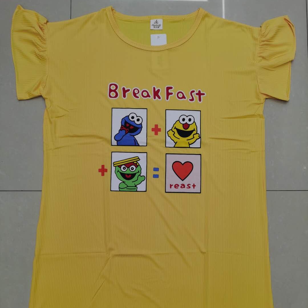 A new style of Korean short-sleeved, ice-silk, cute cartoon, pure cotton sleeping dress for women details Picture