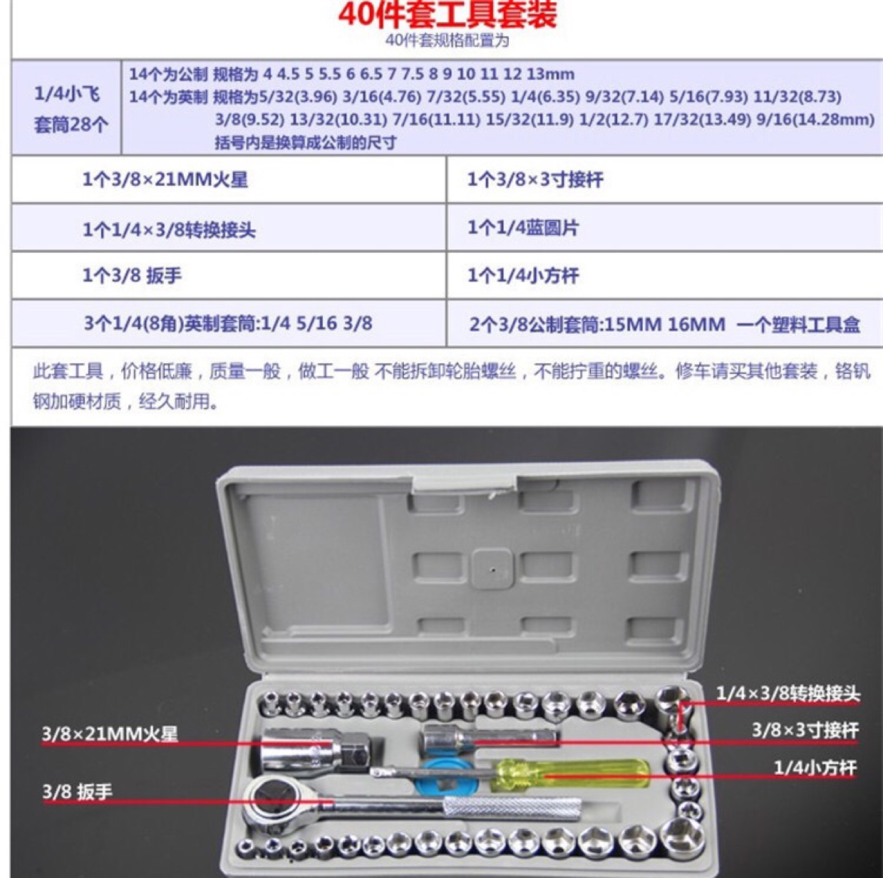 源头工厂40件套筒汽车工具箱 摩托车套筒组合扳手维修工具应急箱 地摊爆款产品图