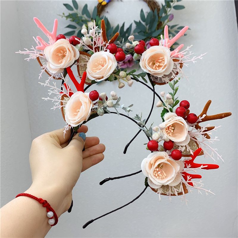Forest-themed pink pine needle flower antler headband children's versatile travel accessories, cute and exclusive for kids