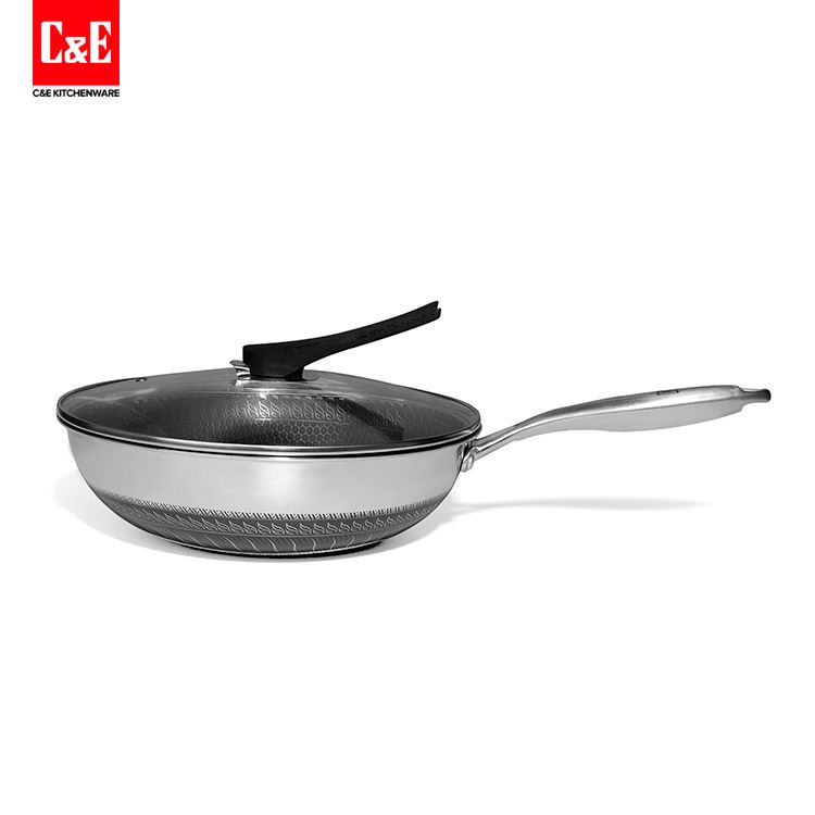 New product beehive two-sided three-layer steel physical non-stick pan glass cover glossy handle thumbnail