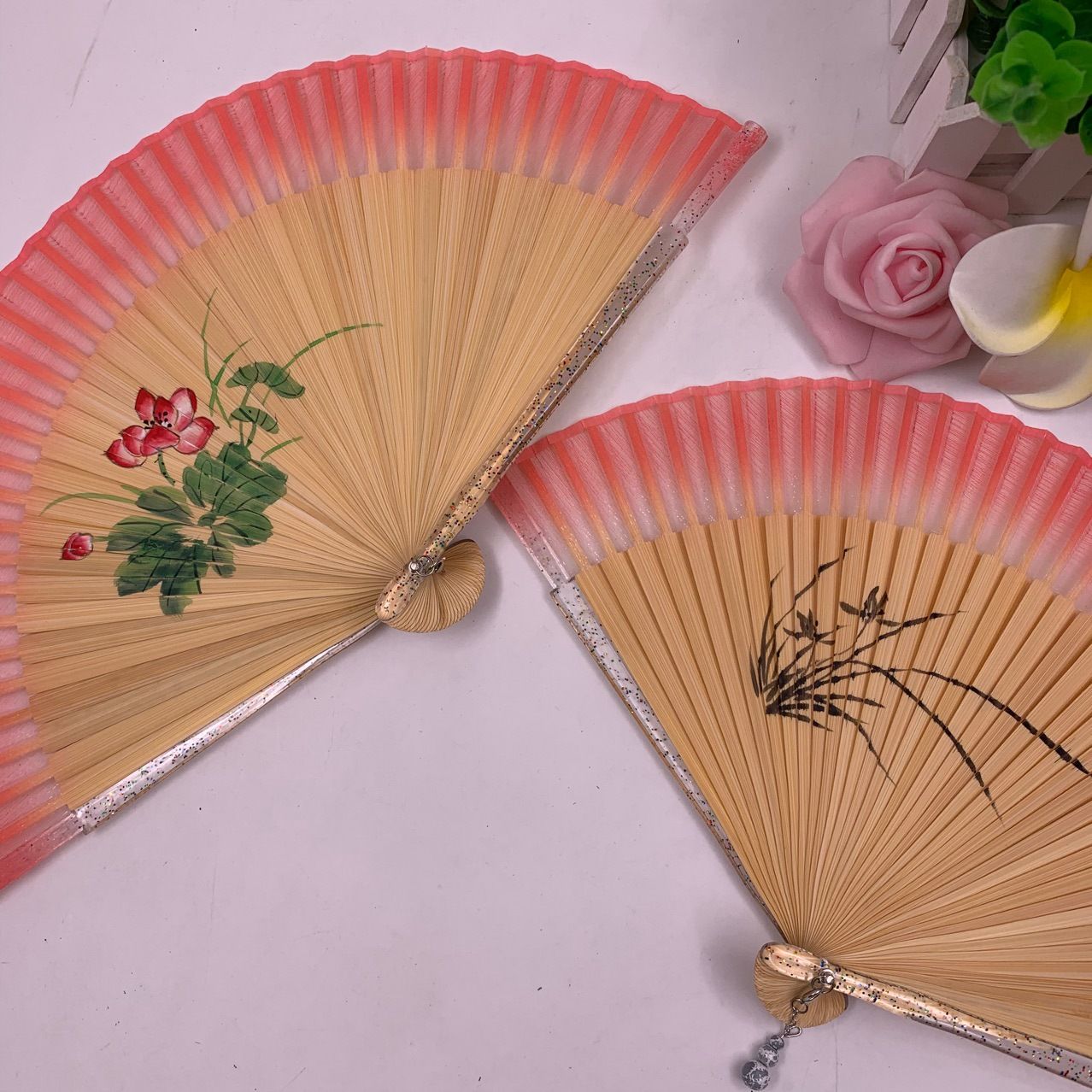 珍珠边平板竹制手绘扇   过渡色折叠扇子   日韩式女扇   中国风扇子详情图9