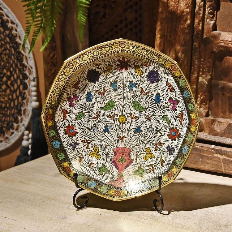 Hand-painted octagonal copper plate, Indian imported creative fruit plate, home decoration, modern dining table and coffee table ornaments