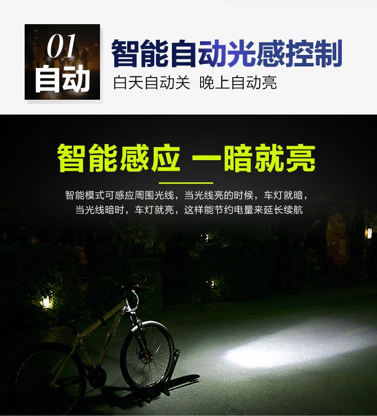 BC23智能光控感USB充电自行车前灯单车前灯夜骑灯手电筒骑行装备详情图3