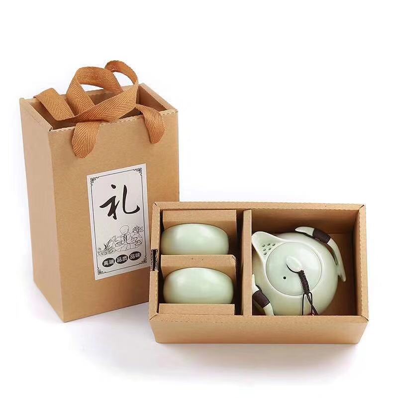 Kunkun Ceramics Ceramic Tea Set, Quick Guest Cup, one pot and two Cups, Travel Tea Set, Casual Gift, Drawer-style cowhide box, Eco-friendly box 110 detail image 1