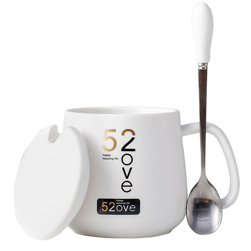 个性潮流创意黑白两色陶瓷马克喝水杯子男女情侣家用牛奶咖啡带盖勺细节图