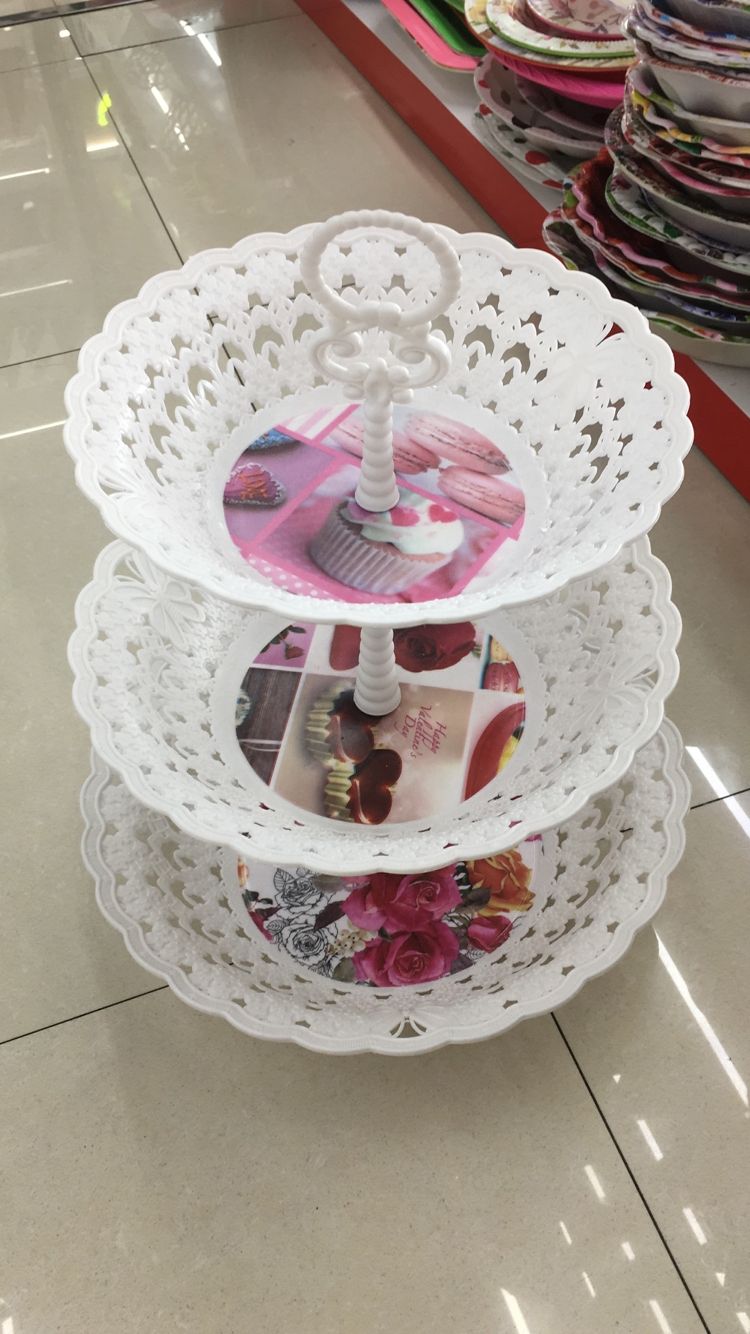 三层甜品蛋糕盘水果托盘塑料客厅创意托盘架子花型