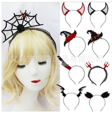 万圣节发箍头扣复古哥特发夹巫婆帽蝙蝠耳朵红黑牛角道具服饰图
