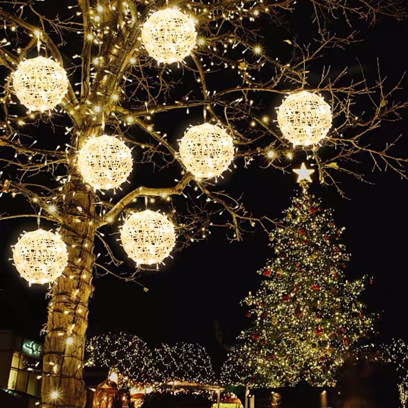 Outdoor hanging tree with rattan balls, 30cm LED round balls, luminous decoration, waterproof landscape lawn, festival park Application Scenario