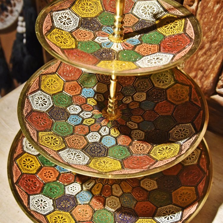 手绘多彩三层铜盘印度进口家居装饰品茶几摆件图