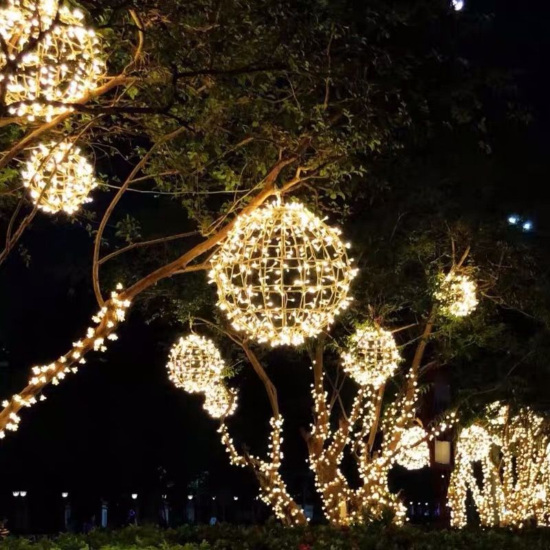 Outdoor hanging tree with rattan balls, 30cm LED round balls, luminous decoration, waterproof landscape lawn, festival park details Picture